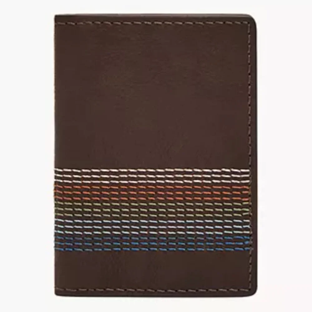 FOSSIL Brown Cillian Card Case Bifold Wallet w/ MultiColor Stripes, NWT ✨